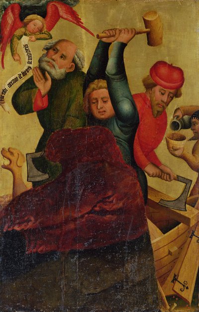 Bygningen av arken fra St. Peters høyalter i Hamburg, Grabower-alteret, 1383 (tempera på panel) av Master Bertram of Minden
