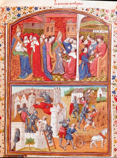 Prolog: forfatteren presenterer boken sin til hertugen av Berry og scenen for massakren av plogere Miniatyr hentet fra "" Cases of noble men and women unfortunes"" (De casibus) av Giovanni Boccaccio dit Jean Boccace (1313-1375), italiensk forfatter , overs av Master Dunois