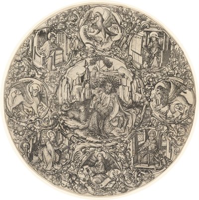 Døperen Johannes i villmarken med Guds lam, omgitt av symbolene til evangelistene og kirkens fire fedre av Master E.S.