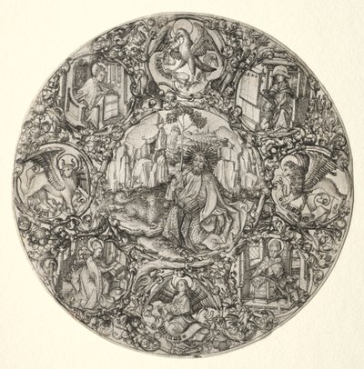 St. Johannes døperen omgitt av evangelistene og fire fedre fra den latinske kirke, 1466. av Master E. S.