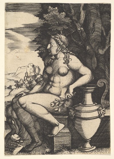 Sitter naken ved siden av en vase, 1537. av Master FG