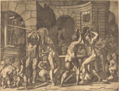 Vulcan and the Cyclopes Forging Arrows av Master FG, after Francesco Primaticcio