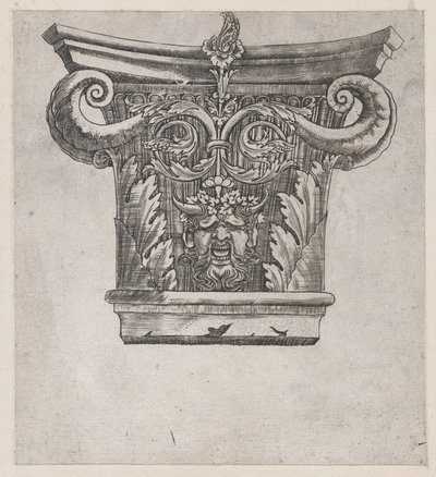 Mirror of Roman Magnificence: Kapital med peapod-ruller og satyrhode, ca. 1537, ca. 1537 av Master GA