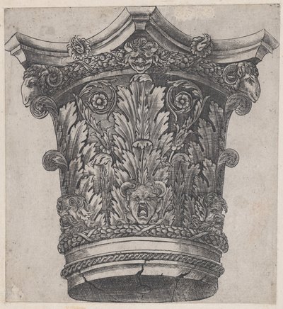 Mirror of Roman Magnificence: Kapital med ramshoder og masker, ca. 1537, ca. 1537 av Master GA