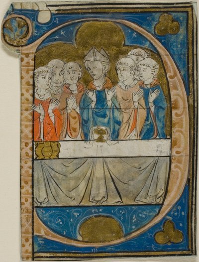Biskop ved messe i en historisk initial "P" fra en korbok av Master Honoré
