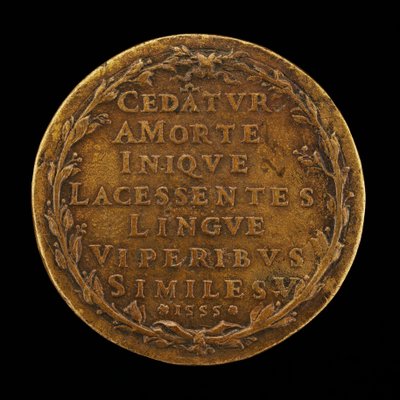 Inskripsjon i en laurbærkrans [revers], 1555. av Master I.A.V.F.