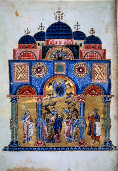 Kristi himmelfart. Gresk manuskript "Homelies to the Virgin" (Folio 3v) av Jacques de Kokkinobaphos av Master Kokkinobaphos