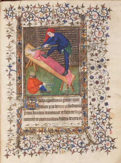 Tideboken, bruk av Rennes, Tortur av St. Apollonia, ca. 1400–15 (tempera på vellum) av Master Lucon