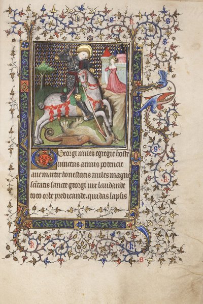 MS Widener 4 f.188r, St. George Fighting the Dragon, fra en timebok, bruk av Rennes, ca. 1405 (penn og blekk og tempera på vellum) av Master Lucon