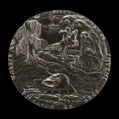 Bok, hodeskalle, bein og rytter i landskap [revers], 1526. av Master M.P.