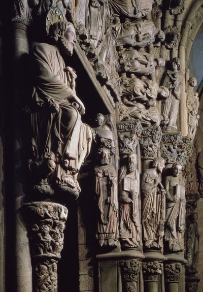 Detalj av Portico de la Gloria som viser St James, stein fra 1100-tallet av Master Mateo
