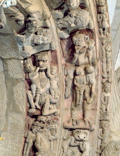 Detalj av Portico de la Gloria med scener av helvetesstein av Master Mateo