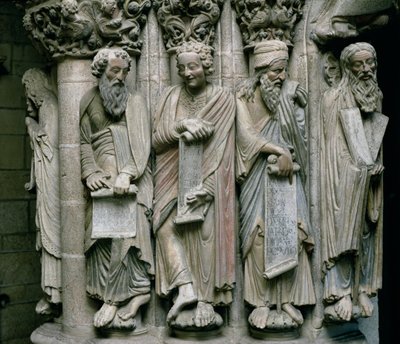 Detalj av Portico de la Gloria med det gamle testamentets profetstein av Master Mateo