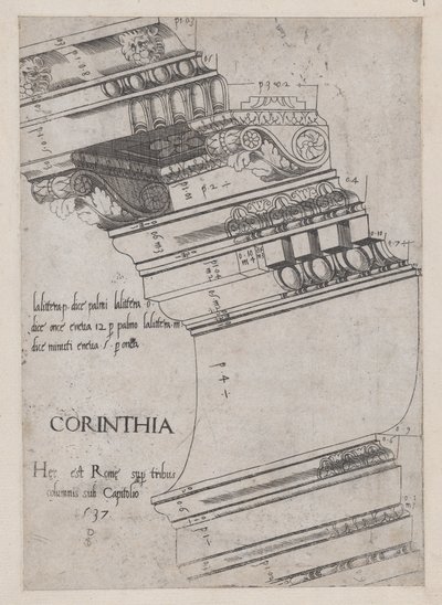 Mirror of Roman Magnificence: Entablatur fra Vespasian-tempelet, Roma, 1537., 1537. av Master PS
