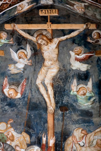 Korsfestelsesdetaljen som representerer Kristus med inskripsjonen INRI av Master Trecentesco of Sacro Speco School