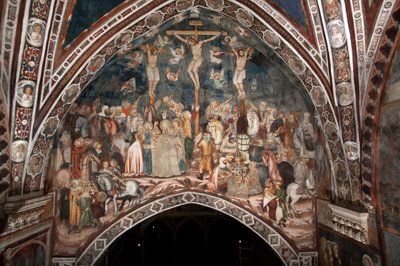 The Crucifixion Fresco of the Master of the Sacro Speco. 1300-tallet. Superior kirke. Klosteret Saint Benedetto (Sacro Speco), Subiaco (Roma), Italia av Master Trecentesco of Sacro Speco School