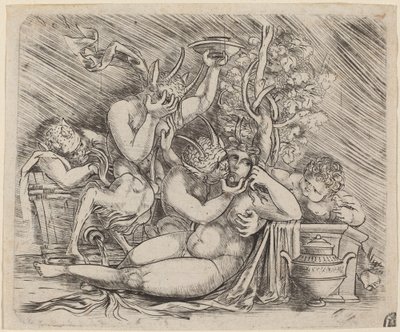 Bacchanalsk scene med Satyrer og en Maenad av Master of 1515