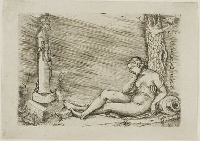 Cleopatra ligger ved foten av et tre, med en term av Master of 1515