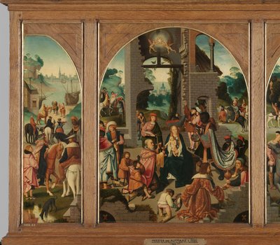 Triptych med Adoration of the Magi (senter og indre vinger), Saint Antony Abbot (venstre, ytre fløy) og Saint Adrian (høyre, ytre fløy) av Master of Alkmaar (attributed to)