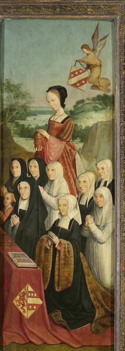 Minnepanel med ni kvinneportretter, sannsynligvis Kathrijn Willemsdr van der Graft og familie, med Saint Mary Magdalene og Van Soutelande-familien og Van der Graft-Van Soutelande Crests, indre høyre fløy av en altertavle av Master of Alkmaar