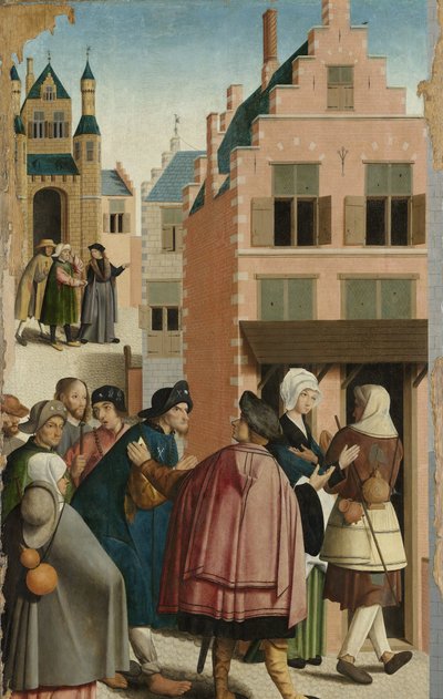 De syv barmhjertighetsverkene Panel av en polyptyk med de syv barmhjertighetsverkene: overnatting for de reisende av Master of Alkmaar