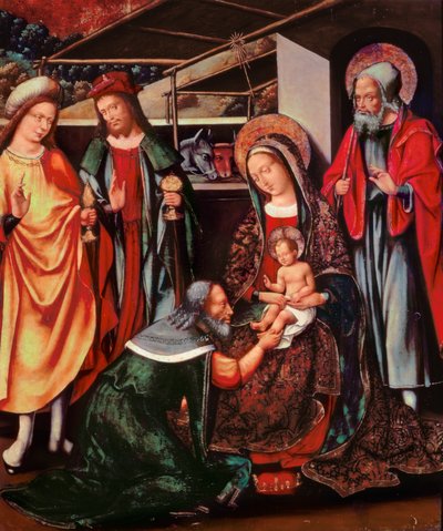 126-0035071 Tilbedelse av kongene, altertavle fra kirken Santa Maria Palau-Solita, Barcelona av Master of Ares
