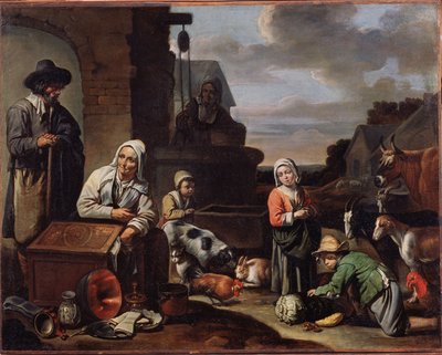 Bønder ved en brønn. Maleri av mesteren av Beguines (midten av 1600-tallet). Olje på lerret, 94 x 119 cm, andre halvdel av 1600-tallet. Fransk kunst, barokkkunst. Pushkin Museum of Fine Arts, Moskva. ©FineArtImage/Leemage av Master of Beguins