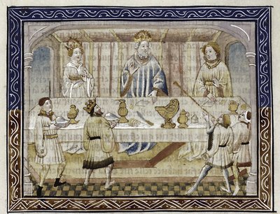 Caesar Augustus, hans kone og sønn ved bordet Fra: Jean Hayton, Flower of the storys from the land of the Orient, ca.1410 av Master of Berry Apocalypse