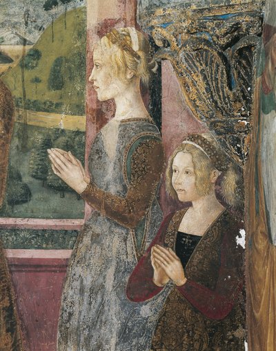 Italia, Piemonte-regionen, Alessandria-provinsen, Serralunga di Crea, Sacro Monte di Crea, Sanctuary of Santa Maria Assunta, Kapellet til St. Margareta av Antiokia, Fresco som viser Paleologo og Bernarda di Bosse av Master of Crea