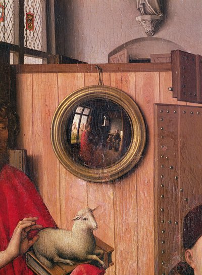 St. Johannes døperen og giveren, Heinrich Von Werl, fra Werl-altertavlen, detalj av speilet, ca. 1438 (se også 36923) av Master of Flémalle