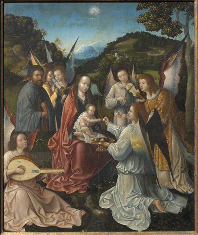 Hellig familie med engler og hellige Katarina og Barbara Triptych, sentralpanel, 1500-tallet. av Master of Hoogstraeten