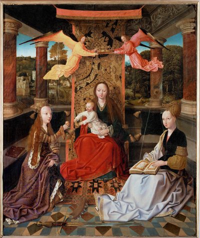 Kroning av den tronende Madonna med Saint Catarina d#39;Alessandria og Saint Barbara (olje på tre) av Master of Hoogstraten