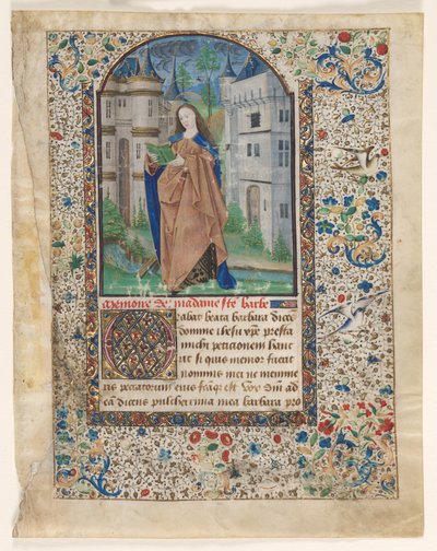 Blad fra en timebok: St. Barbara (2 av 2 utskårne blader) av Master of Jacques de Luxembourg