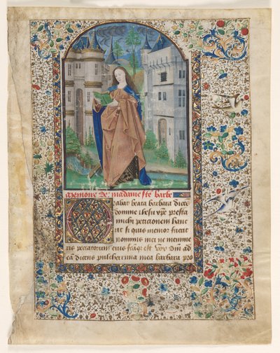 Blad fra en timebok: St. Barbara 2 av 2 utskårne blader, ca. 1465. av Master of Jacques de Luxembourg