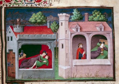 Galant scene: to par snakker. Side av et manuskript på fransk av "Decameron"" av Giovanni Boccaccio dit Jean Boccace (1313-1375), italiensk forfatter, belyst av Mesteren av Mansel. 1450. Paris, Arsenals bibliotek av Master of Jean Mansel