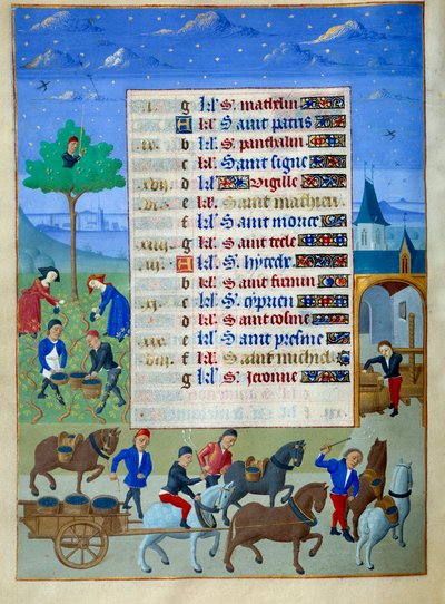 Druehøst- og transportside med opplyst manuskript fra "Book of Hours of the Duchess of Burgundy, Adelaide of Savoy" av Mesteren av Adelaide av Savoy (1400-tallet) og Mesteren til Jean Rolin (1400-tallet) av Master of Jean Rolin II