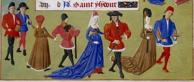 mai: hoffmennene går. Detalj av en opplyst manuskriptside hentet fra "" Time Book of the Duchess of Burgundy, Adelaide of Savoy" av Mesteren av Adelaide av Savoy (1400-tallet) og Mesteren til Jean Rolin (1400-tallet) av Master of Jean Rolin II