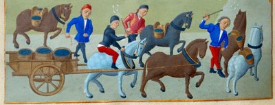 Druehøsten og transporten Detalj av en opplyst manuskriptside hentet fra "" Time Book of the Duchess of Burgundy, Adelaide of Savoy" av Mesteren av Adelaide av Savoy (1400-tallet) og Mesteren til Jean Rolin (1400-tallet) av Master of Jean Rolin II