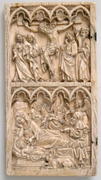 Blad fra en diptyk med korsfestelsen og fødselen, tysk, ca. 1375-1400. av Master of Kremsmunster
