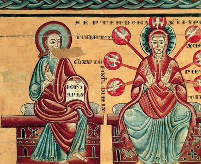 Maria mottar Den Hellige Ånds gaver, detalj (tempera på tre) av Master of Lluca