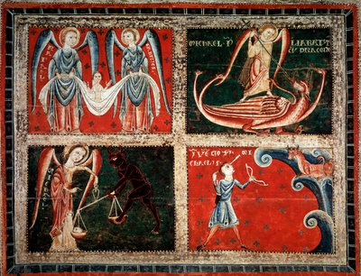 Erkeenglene Raphael, Michel og Gabriel (Erkeenglene Michael, Gabriel og Raphael) Maleri av mesteren av Llussa (maleri av mesteren av Llussa) 1220-1250 Fra klosteret Santa Maria de Lluca, Spania Barcelona Museu Nacional d