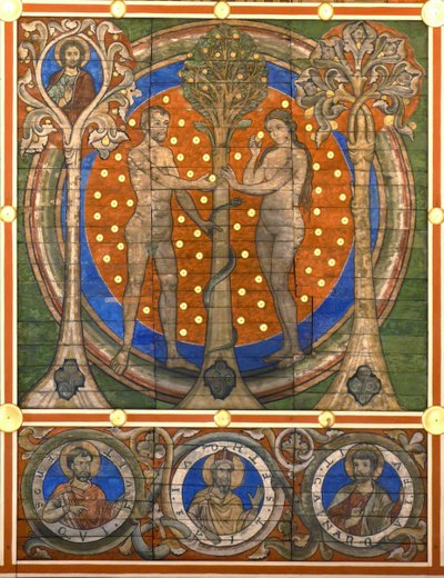 dam og Eva. Detalj av det malte tretaket til St. Michaels Church, Hildesheim, ca 1230 av Master of Lower Saxony