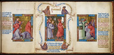 Tre scener som viser 'The Killing of the Prophets', 'Kristus før Pilatus' og 'Daniel's Prisonment', illustrasjon fra 'Biblia Pauperum' av Master of Margaret of Cleves