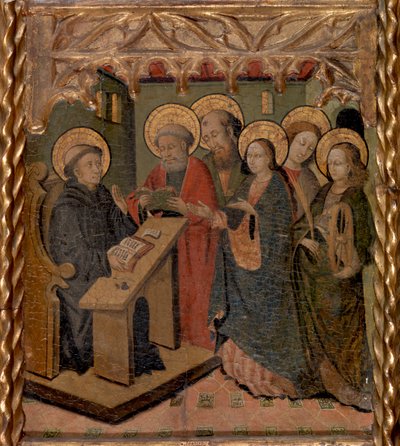 Jomfru Maria og de hellige Peter, Paul, Johannes evangelisten og Katarina av Alexandria viser seg for Saint Martin av Master of Riglos