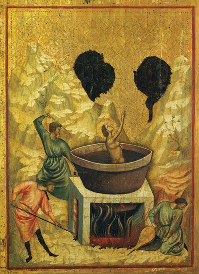 Saint Cecilia i bad med kokende vann, detalj av altertavlen som viser Stories of Saint Cecilia, ca 1304, Mesteren av Saint Cecilia (aktiv tidlig på 1300-tallet), tempera på panel og stemplet bladgull, 85x181 cm av Master of Saint Cecilia