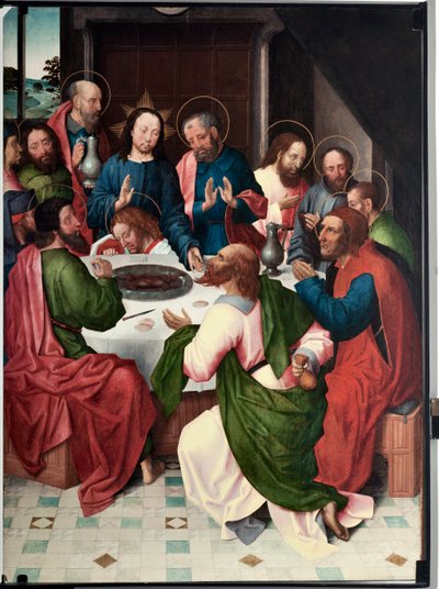 La cene (Den siste kveldsmat) Maleri av mesteren av San Giovanni evangelista (Saint John Evangelist) (slutten av 1400-tallet) Dim 120x90 cm Genes, Musei di Strada Nuova (ex Palazzo Bianco) inv n PB 156 av Master of Saint John Evangelist