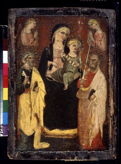 "Madonna and Child Enthroned with Saints Peter and Paul" (Madonna and Child Enthroned with Saints Peter and Paul) Maleri på tre av mesteren av San Jacopo i Muciano (1400-tallet) Pushkin Museum, Moskva av Master of San Jacopo a Mucciana
