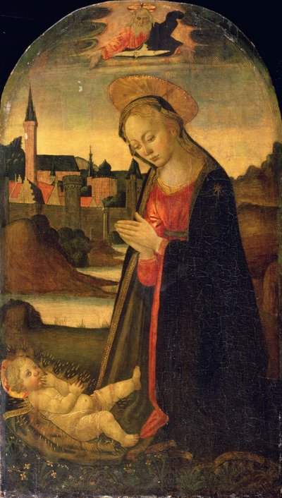 The Madonna Adoring the Child, A Town on a River beyond, ca. 1478 (olje på panel) av Master of San Miniato