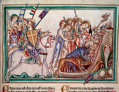 Herren og hans Armee (ost) utfeller Bete og hans tilbedere i helvete. Minatur fra manuskript “” Apocalypse historiee””, Folio 38. 1250. Illumination of the Master of Sarum. Paris, NL av Master of Sarum