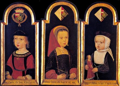 Erkehertug Charles, den senere hellige romerske keiseren Charles V., med søstrene Eleanor og Isabella i en alder av 2 år, 1502 av Master of St.Georgsgilde